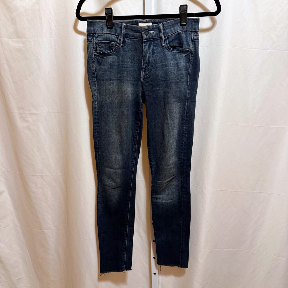Mother Looker Ankle Fray Jeans Dark Wash Mid Rise Skinny Leg Raw Hem USA Sz 25